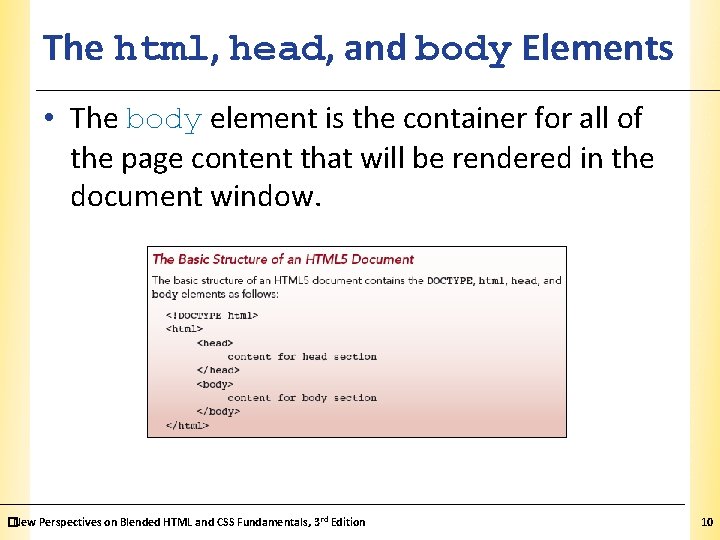 The html, head, and body Elements. XP • The body element is the container The html, head, and body Elements. XP • The body element is the container