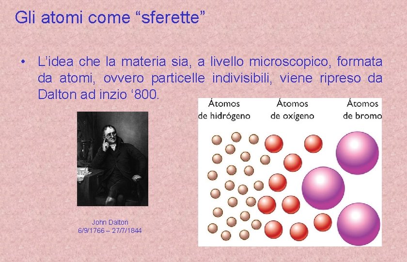 Gli atomi come “sferette” • L’idea che la materia sia, a livello microscopico, formata