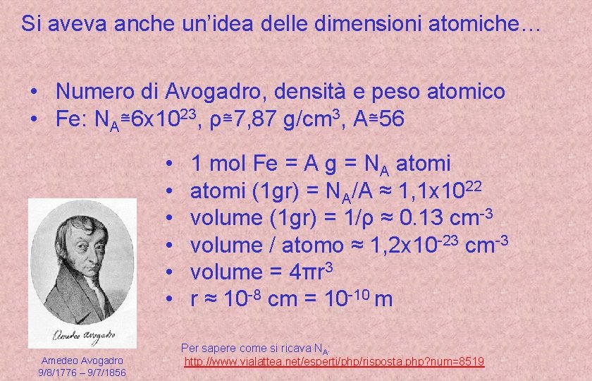 Si aveva anche un’idea delle dimensioni atomiche… • Numero di Avogadro, densità e peso