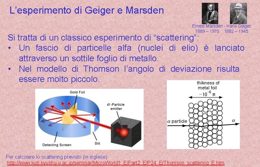 L’esperimento di Geiger e Marsden Ernest Marsden - Hans Geiger 1889 – 1970 1882
