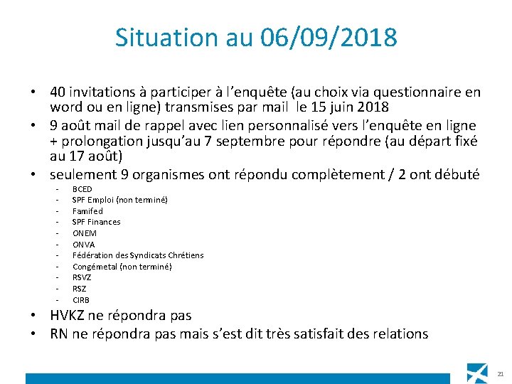 Situation au 06/09/2018 • 40 invitations à participer à l’enquête (au choix via questionnaire