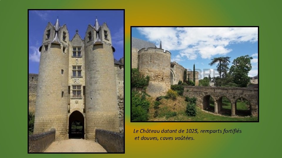 Le Château datant de 1025, remparts fortifiés et douves, caves voûtées. 