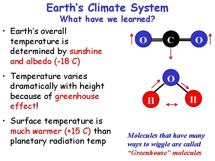 Earth’s Climate System What have we learned? • Earth’s overall O temperature is determined