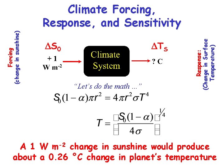 “Let’s do the math …” Response: (Change in Surface Temperature) Forcing (change in sunshine)