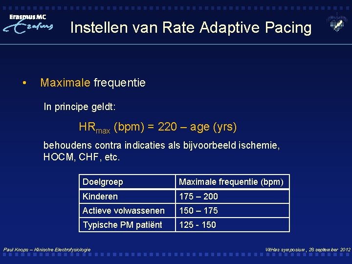 Instellen van Rate Adaptive Pacing • Maximale frequentie In principe geldt: HRmax (bpm) =