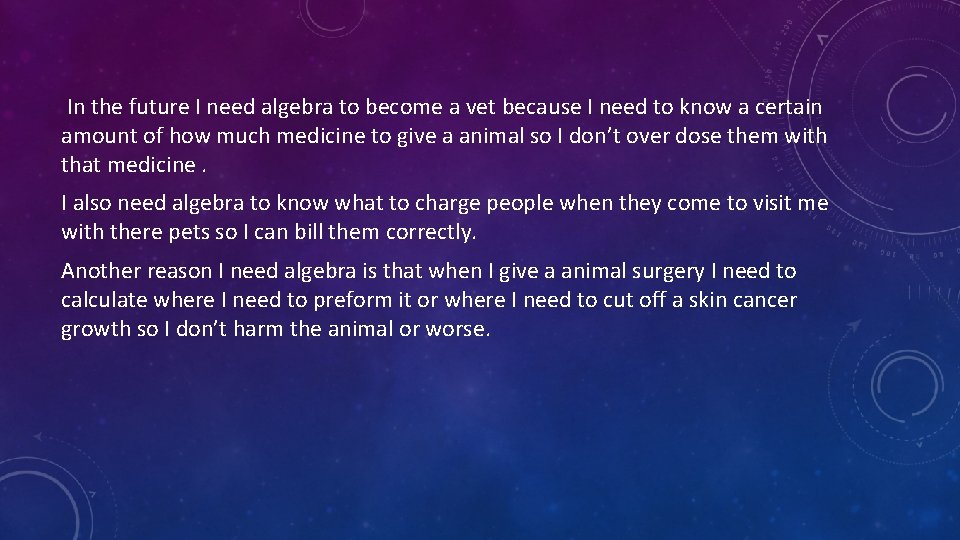 In the future I need algebra to become a vet because I need to