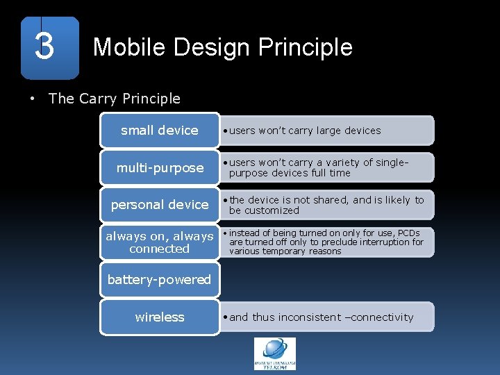 3 Mobile Design Principle • The Carry Principle small device multi-purpose • users won’t