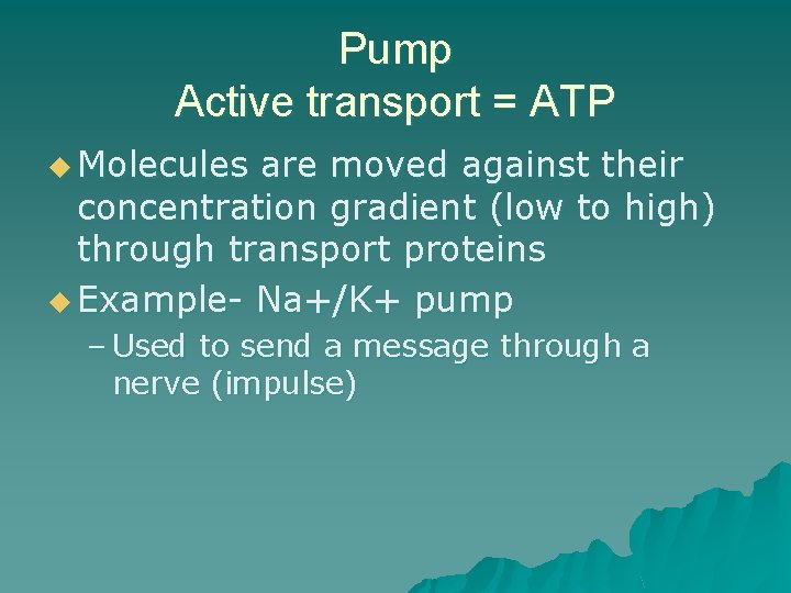 Pump Active transport = ATP u Molecules are moved against their concentration gradient (low