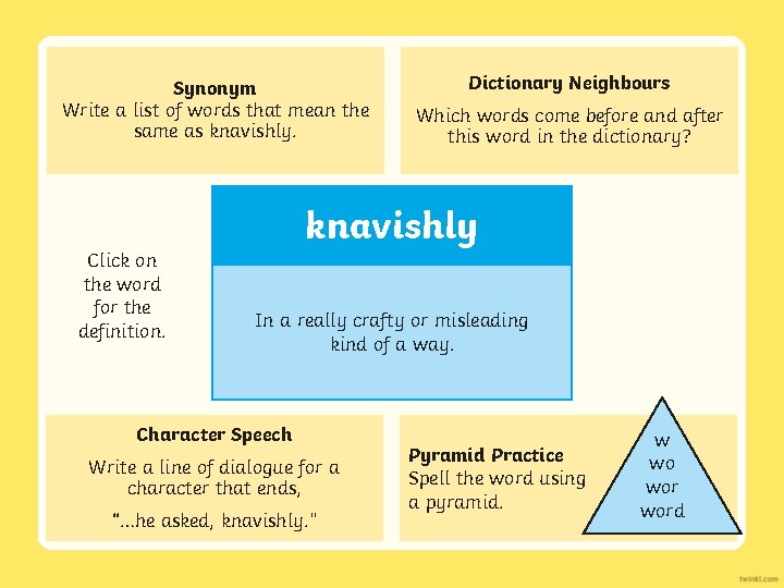 Synonym Write a list of words that mean the same as knavishly. Dictionary Neighbours