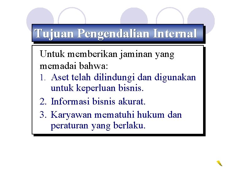 Tujuan Pengendalian Internal Untuk memberikan jaminan yang memadai bahwa: 1. Aset telah dilindungi dan