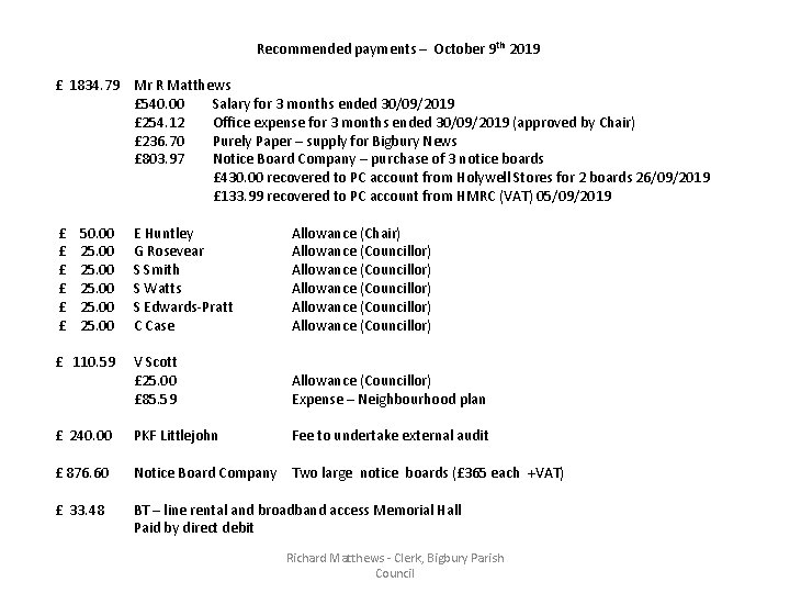 Recommended payments – October 9 th 2019 £ 1834. 79 Mr R Matthews £