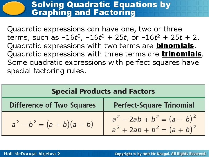 Solving Quadratic Equations by Graphing and Factoring Quadratic expressions can have one, two or
