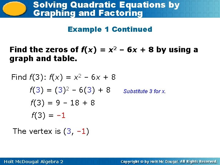 Solving Quadratic Equations by Graphing and Factoring Example 1 Continued Find the zeros of