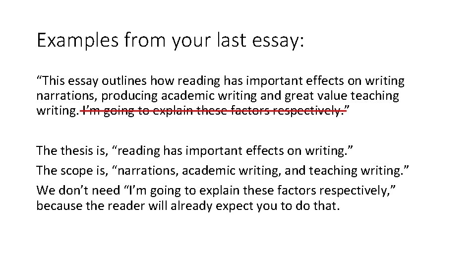 Examples from your last essay: “This essay outlines how reading has important effects on
