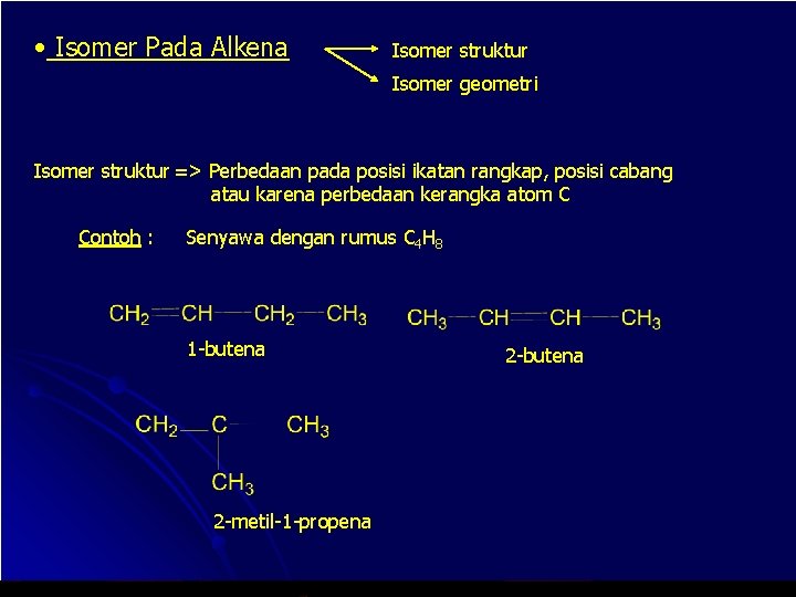  • Isomer Pada Alkena Isomer struktur Isomer geometri Isomer struktur => Perbedaan pada