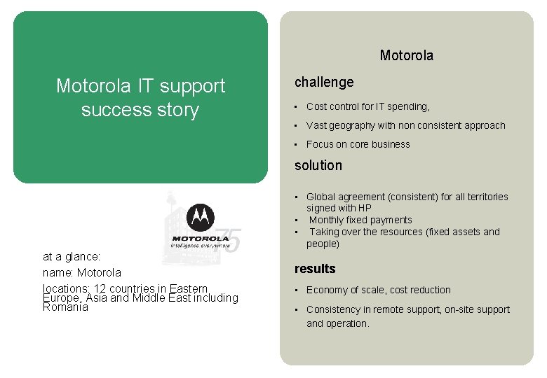 Motorola IT support success story challenge • Cost control for IT spending, • Vast