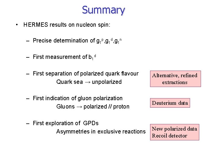 Summary • HERMES results on nucleon spin: – Precise determination of g 1 p,