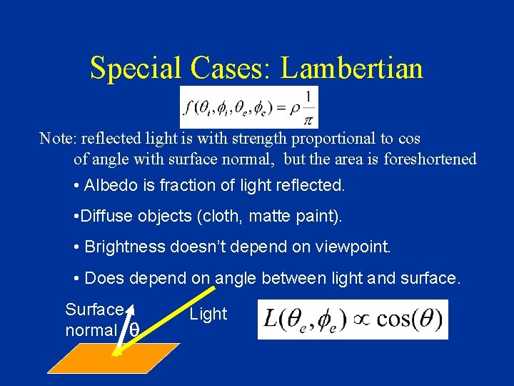 Special Cases: Lambertian Note: reflected light is with strength proportional to cos of angle