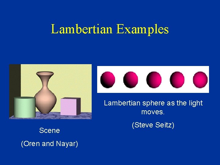 Lambertian Examples Lambertian sphere as the light moves. Scene (Oren and Nayar) (Steve Seitz)