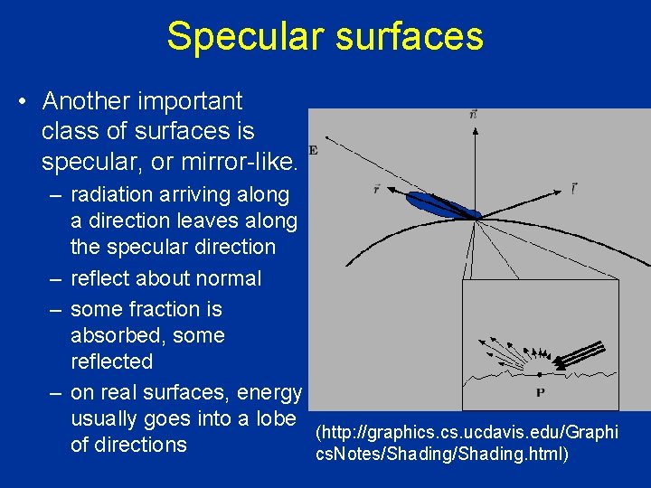 Specular surfaces • Another important class of surfaces is specular, or mirror-like. – radiation