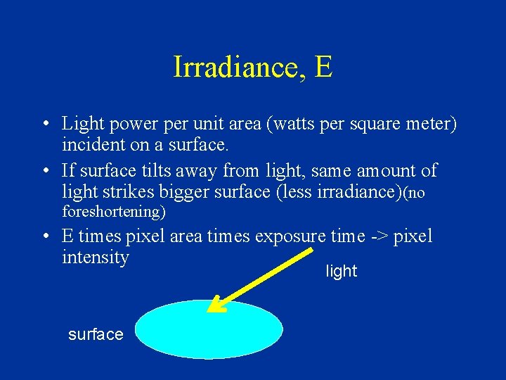 Irradiance, E • Light power per unit area (watts per square meter) incident on