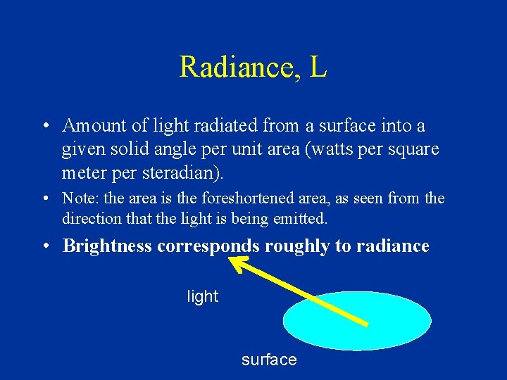 Radiance, L • Amount of light radiated from a surface into a given solid