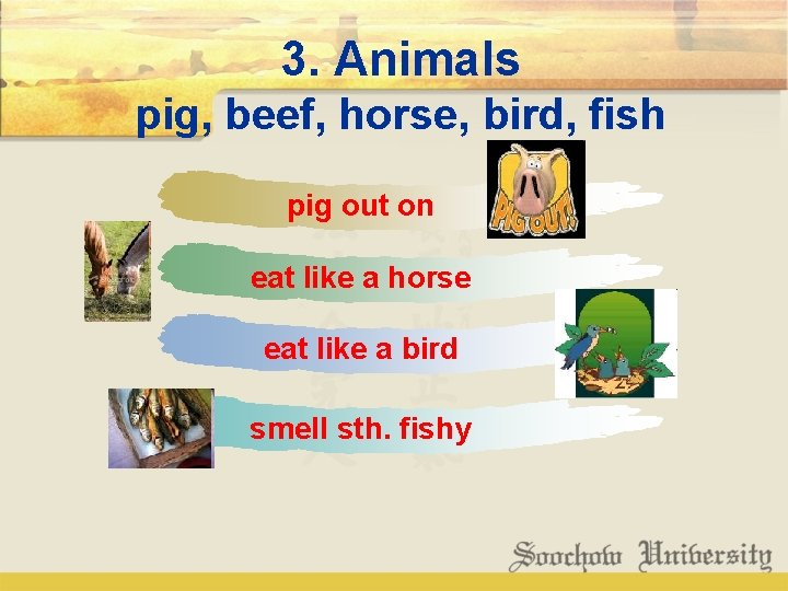3. Animals pig, beef, horse, bird, fish pig out on eat like a horse