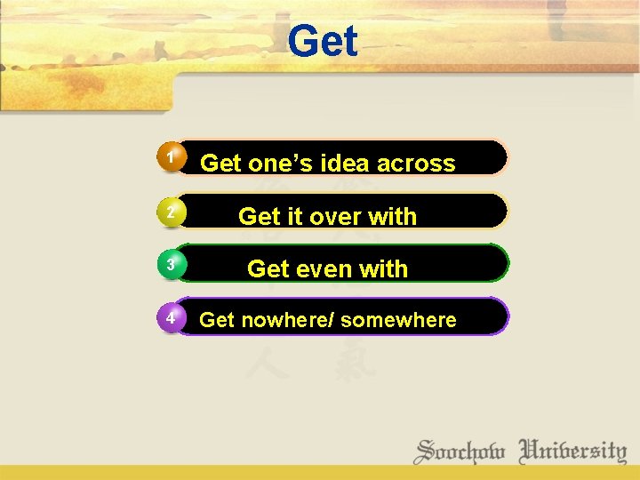 Get 1 Get one’s idea across 2 Get it over with 3 Get even