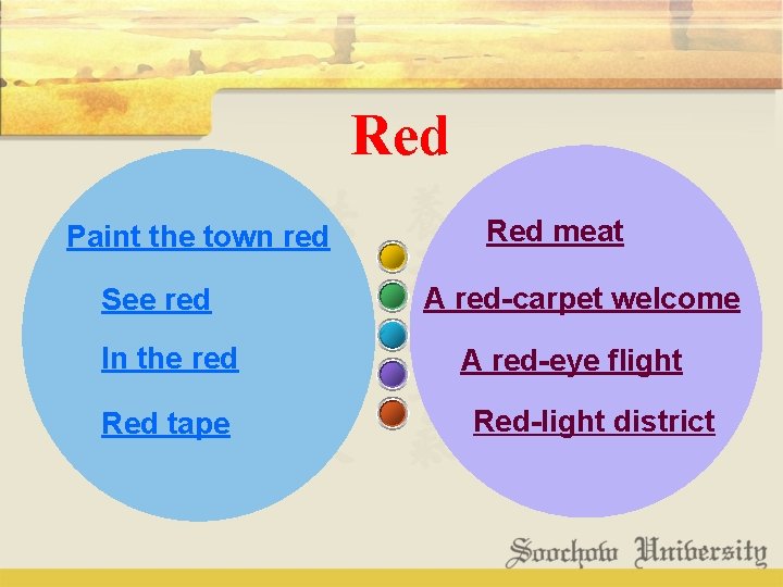 Red Paint the town red See red In the red Red tape Red meat