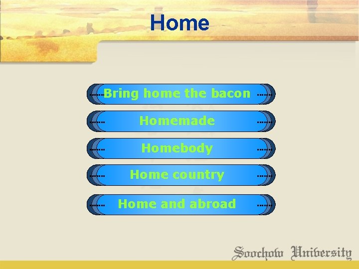 Home Bring home the bacon Homemade Homebody Home country Home and abroad 