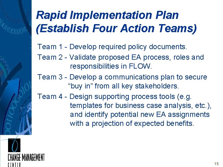 Rapid Implementation Plan (Establish Four Action Teams) Team 1 - Develop required policy documents.