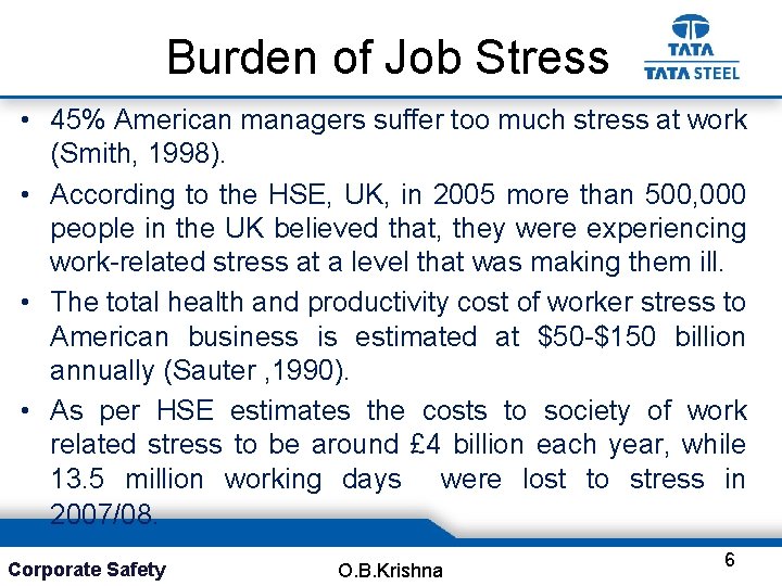 Burden of Job Stress • 45% American managers suffer too much stress at work