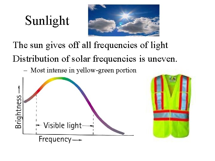 Sunlight The sun gives off all frequencies of light Distribution of solar frequencies is