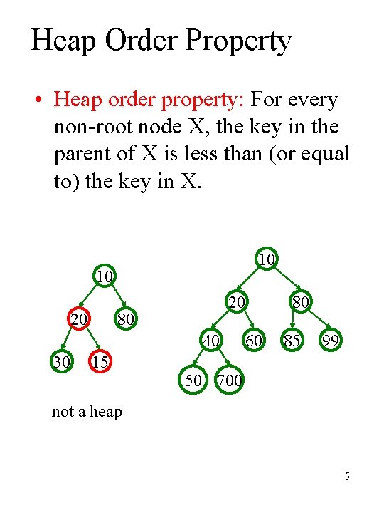 Heap Order Property • Heap order property: For every non-root node X, the key