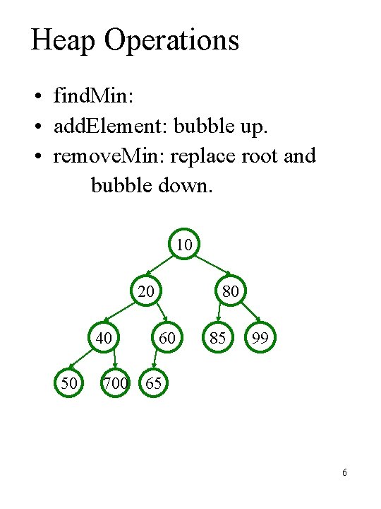 Heap Operations • find. Min: • add. Element: bubble up. • remove. Min: replace