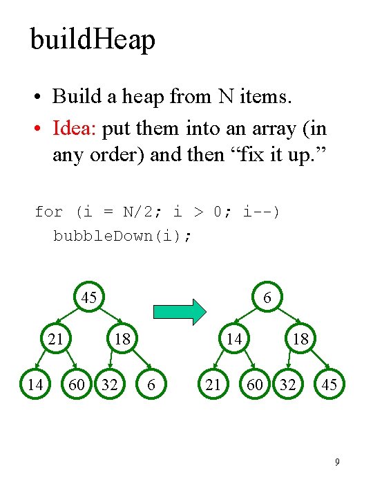 build. Heap • Build a heap from N items. • Idea: put them into