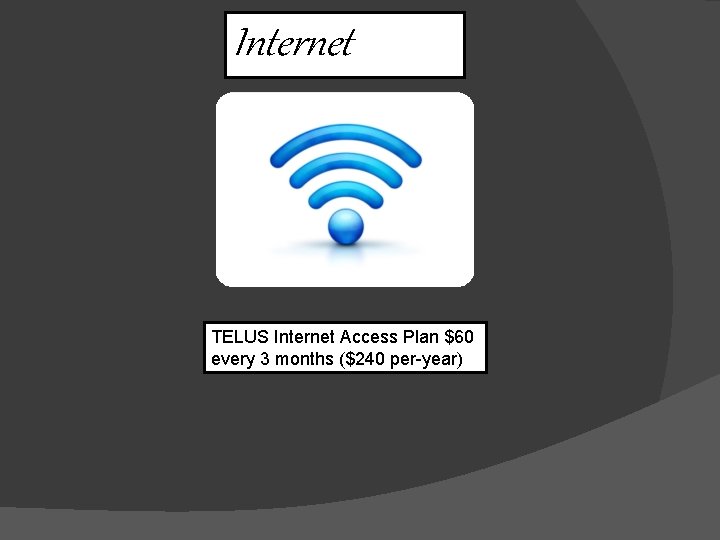 Internet TELUS Internet Access Plan $60 every 3 months ($240 per-year) 