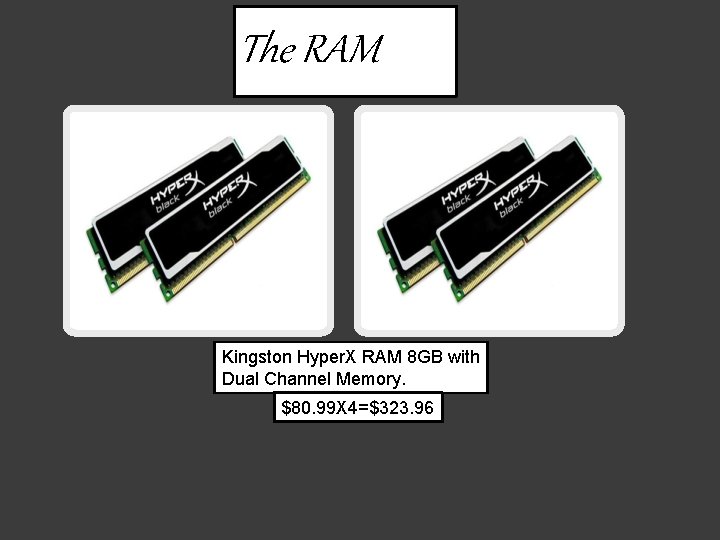 The RAM Kingston Hyper. X RAM 8 GB with Dual Channel Memory. $80. 99