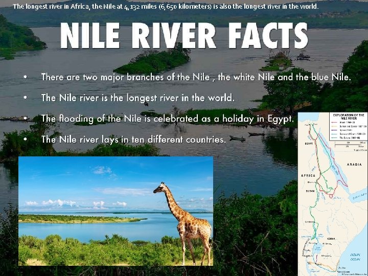 The longest river in Africa, the Nile at 4, 132 miles (6, 650 kilometers)