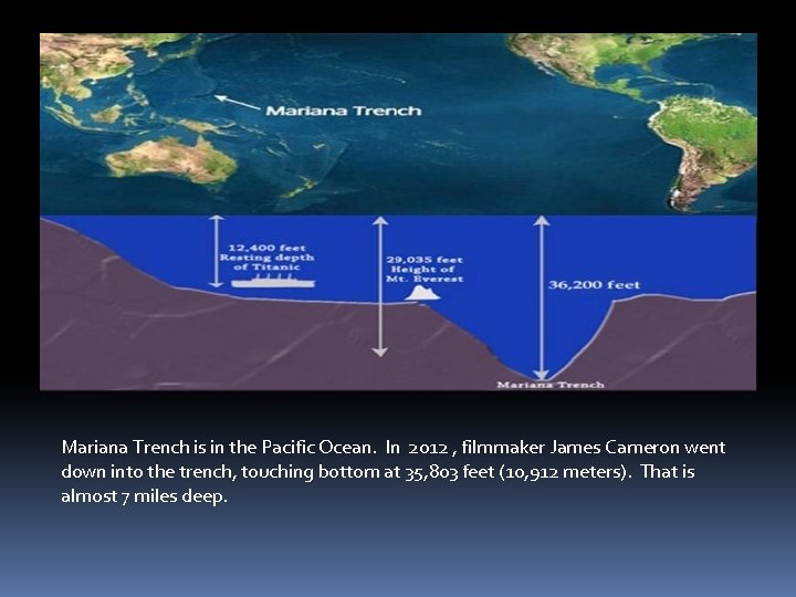 Mariana Trench is in the Pacific Ocean. In 2012 , filmmaker James Cameron went