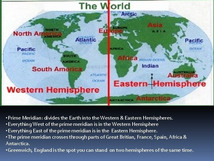  • Prime Meridian: divides the Earth into the Western & Eastern Hemispheres. •
