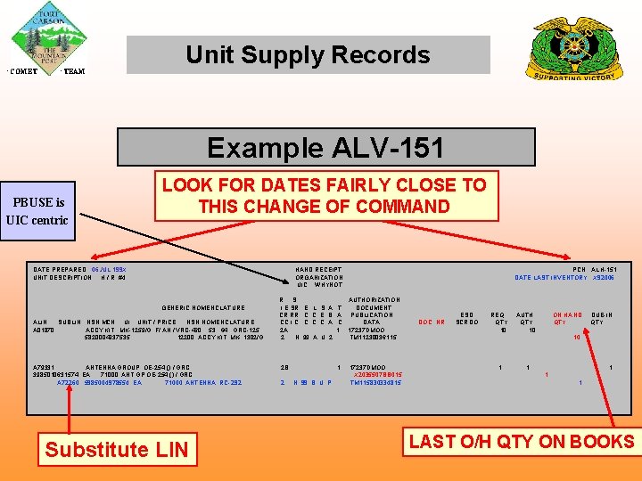  COMET TEAM Unit Supply Records Example ALV-151 PBUSE is UIC centric LOOK FOR