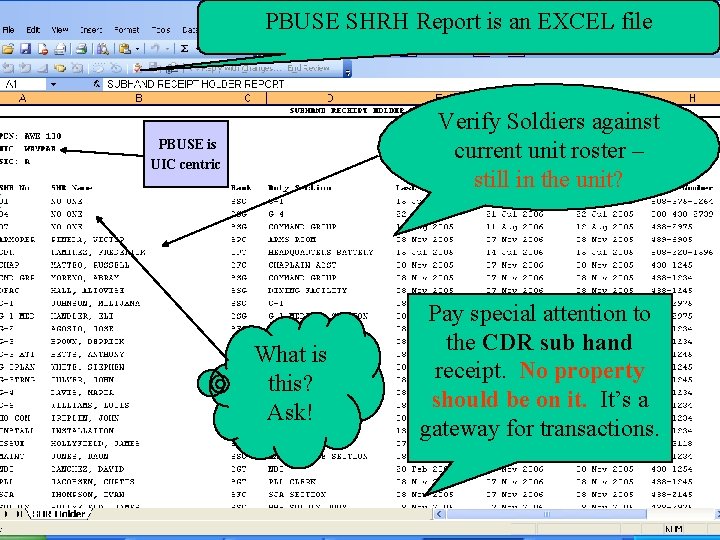 PBUSE SHRH Records Report is an EXCEL file Inspect Unit Supply COMET TEAM SUB-HAND