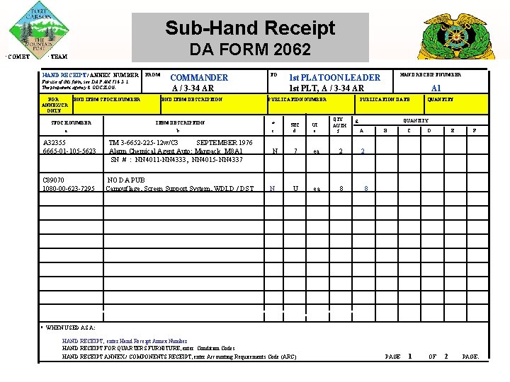 Sub-Hand Receipt COMET DA FORM 2062 TEAM HAND RECEIPT / ANNEX NUMBER For use