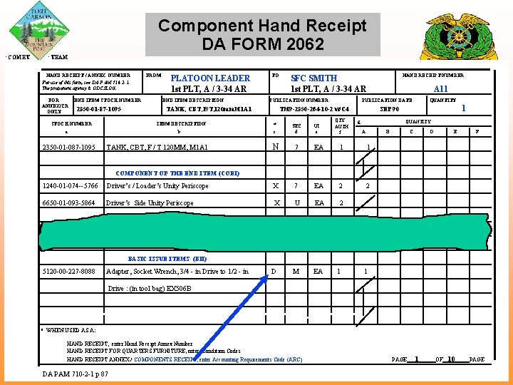 Component Hand Receipt DA FORM 2062 COMET TEAM HAND RECEIPT / ANNEX NUMBER For