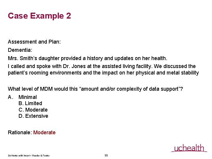 Case Example 2 Assessment and Plan: Dementia: Mrs. Smith’s daughter provided a history and Case Example 2 Assessment and Plan: Dementia: Mrs. Smith’s daughter provided a history and
