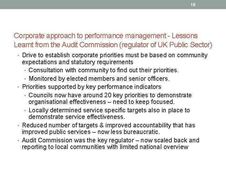 19 Corporate approach to performance management - Lessons Learnt from the Audit Commission (regulator