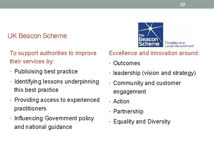 23 UK Beacon Scheme To support authorities to improve their services by: Excellence and