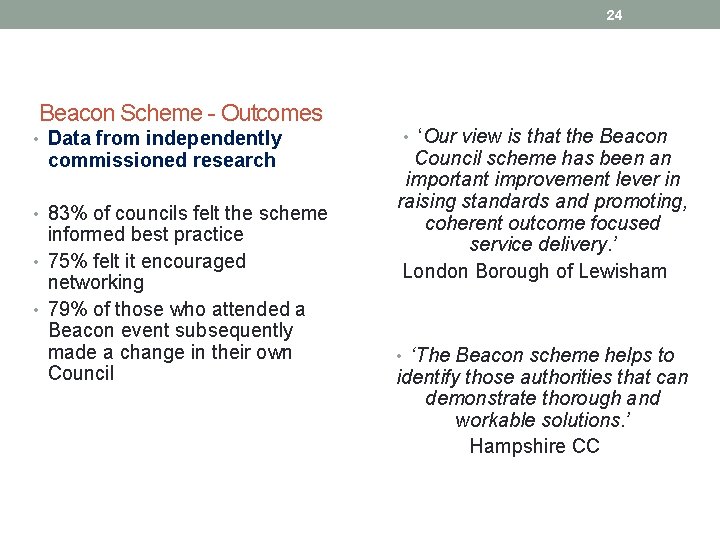 24 Beacon Scheme - Outcomes • Data from independently commissioned research • 83% of