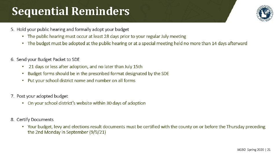 Sequential Reminders 5. Hold your public hearing and formally adopt your budget • The
